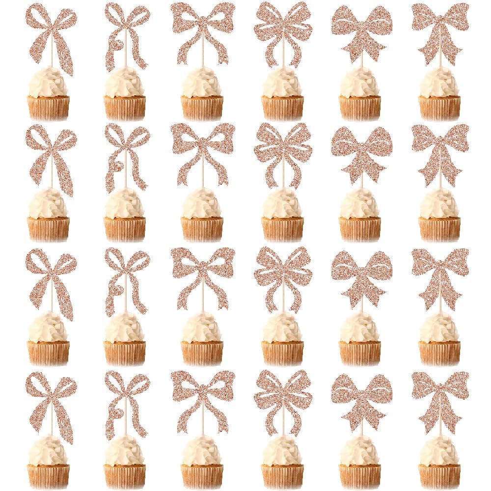 AROKIPPRY 24 pieces Bowknot Cake Topper Bowknot Coquette Cake Pick Bow Tie Cake Decoration for Wedding Bridal Shower Theme Princess Girl Birthday Party Cake Decorations Supplies （Rose gold）