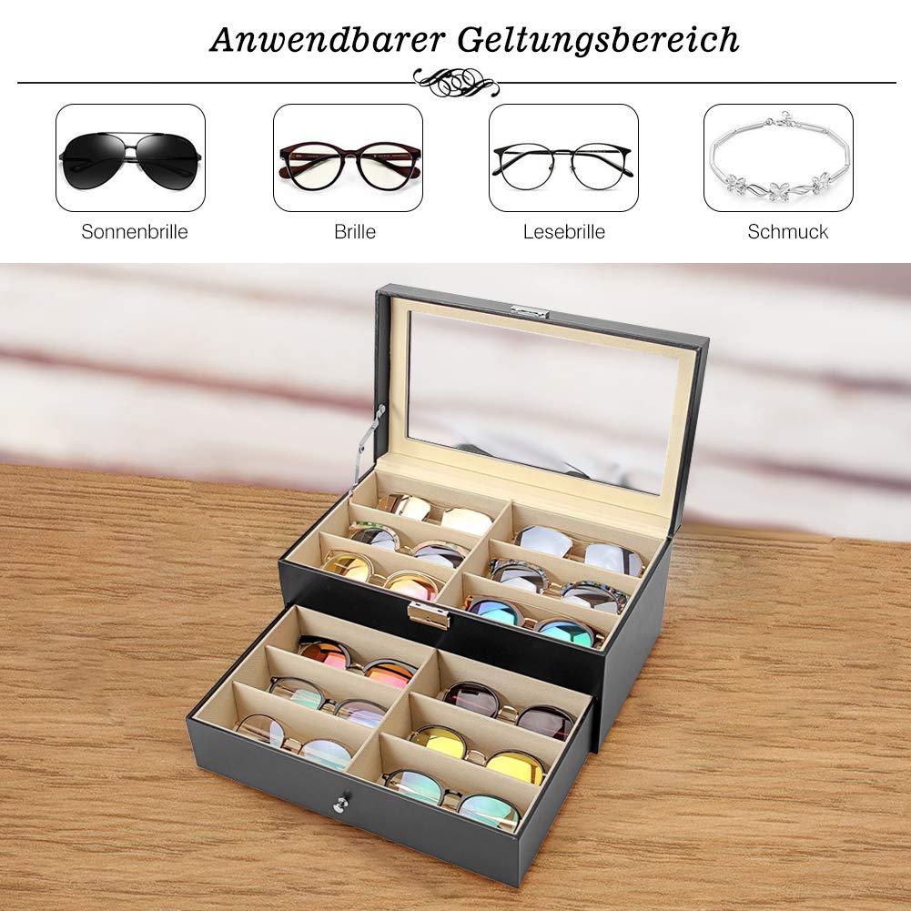 Caja organizadora para guardar gafas de sol - Estuche de 12 compartimentos para gafas con cerradura y llave - Caja de gafas de cuero sintético, porta gafas - Caja de presentación con tapa transparente