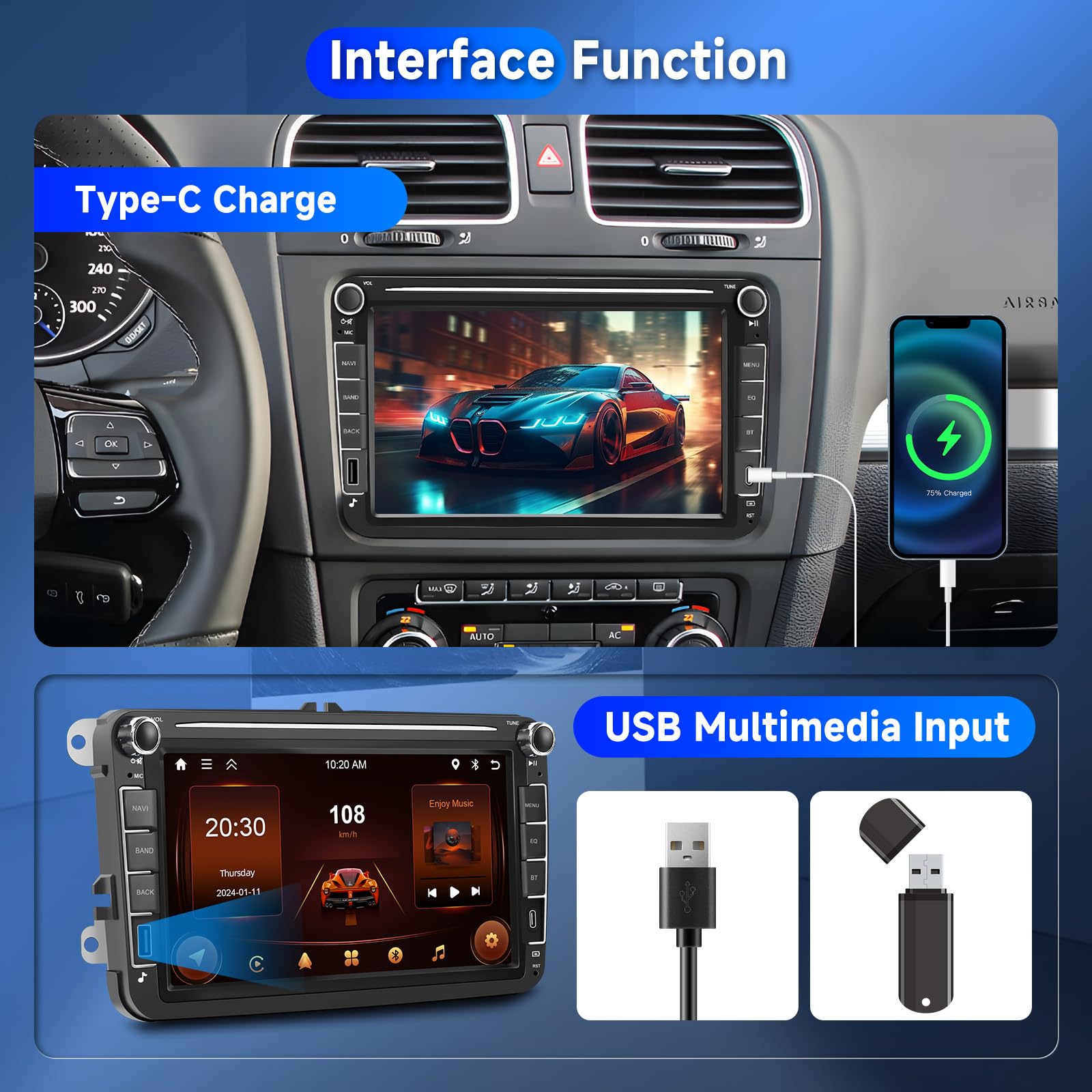 【2+64G】 Carplay Autoradio pour VW Passat Golf Seat Altea Skoda Octavia avec USB/Type-C,Android Poste Radio Voiture,8 Pouce Touchsreen avec Android Auto/WiFi/GPS/RDS/FM/Bluetooth/USB+Camera de Recul