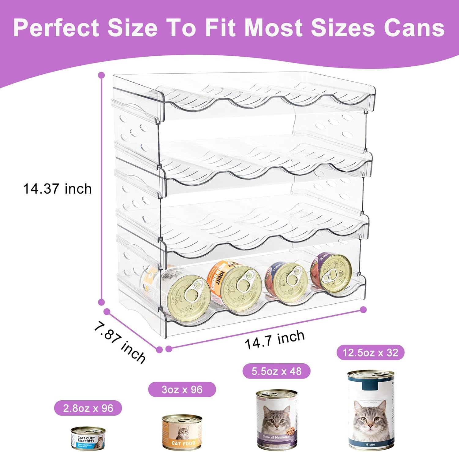 Cat Food Can Organizer, Can Organizer for Pantry, Transparent Cat Food Storage Container Holds 96 (3.5oz) Cans, Canned Food Organizer and Storage for Countertop Kitchen Cabinet (4 Tier-4 Layer)