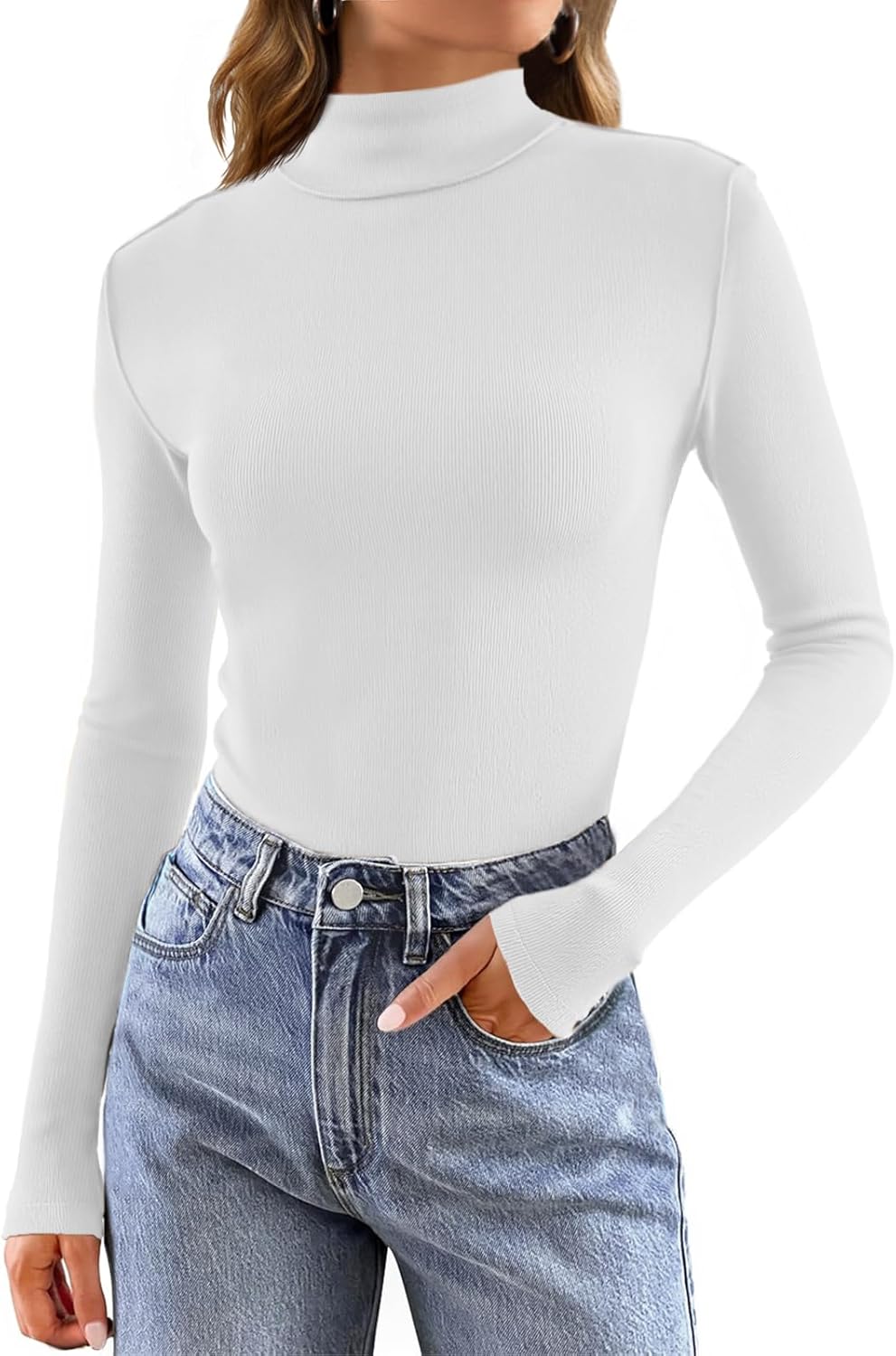 Tankaneo Womens Mock Turtle Neck Tops Long Sleeve Slim Fitted Shirts Ribbed Knit Basic Tees Thermal Shirts