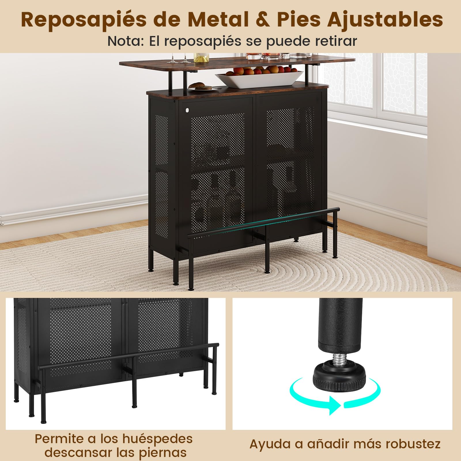 COSTWAY Mesa de Bar, Armario de Metal con 2 Estantes para Vino y 6 Soportes para Copas, Reposapiés y 7 Patas Ajustables, Mesa de Bar de Metal para Cocina Pub,120x50x106,5 cm (Rectangular Marrón)