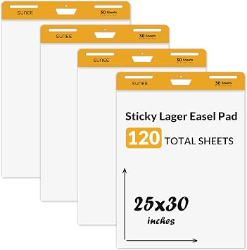SUNEE Sticky Easel Pads, 25x30 Inches, 30 Sheets/Pad, 4 Pack Self Stick Flip Chart Paper for Whiteboards, Premium Large White Chart Paper