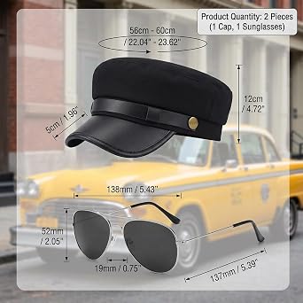 2-Piece Chauffeur Driver Hat and Glasses Set, Retro Flat Top Cap and Silver Frame Props, Limo Taxi Driver Fancy Dress Outfit Accessories for Halloween Cosplay Dress Up