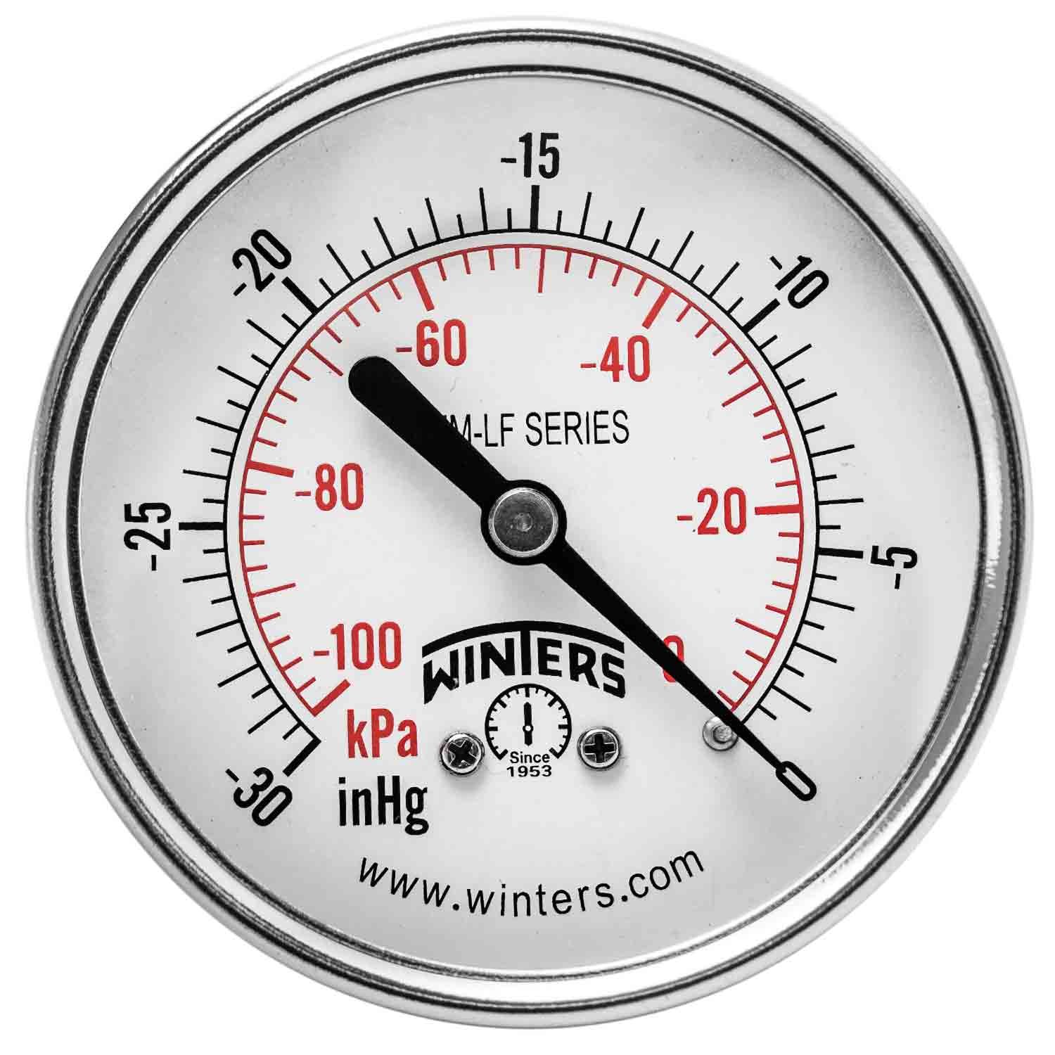 Winters 2-1/2 inch Dial Size, Economy Utility Pressure Gauge, Potable Brass Internals, Steel Case, Dual Scale 30 inch Hg-0 Vac/kPa, 3-2-3% Acc, 1/4 inch NPT Back, Drinking Water Vacuum Gauge