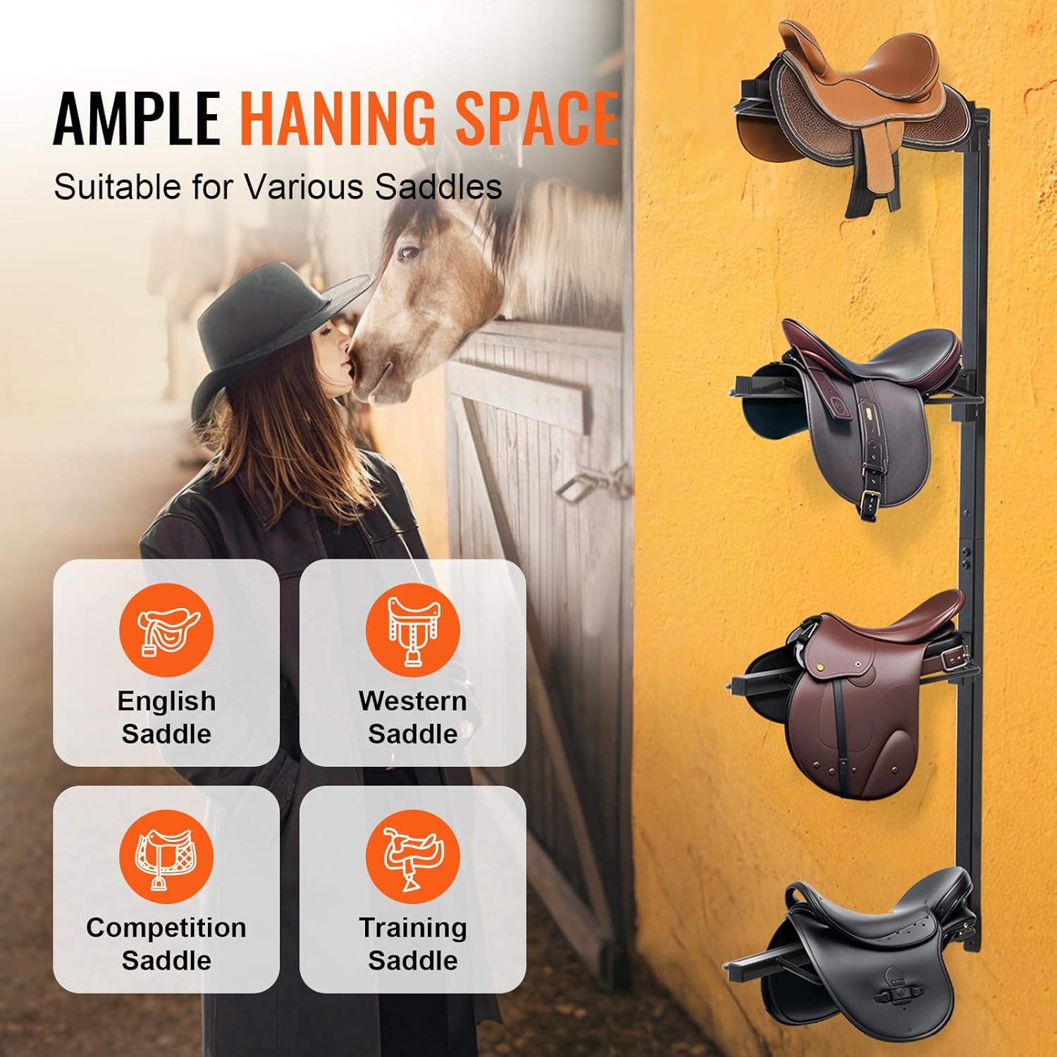 VEVOR Wall Mount Saddle Rack, 24 x 7 x 52 in, Four Tiers Horse Saddle Storage Rack, Heavy Duty Equestrian Western and English Saddle Stand, Horse Blanket Holder for Tack Room Organization