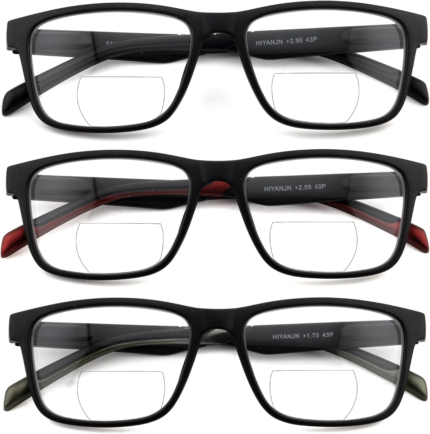 HIYANJN Bifocal Reading Glasses For Men Women,3 Pack Rectangle Full Frame With Spring Hinge Readers,Fashion two-tone temple