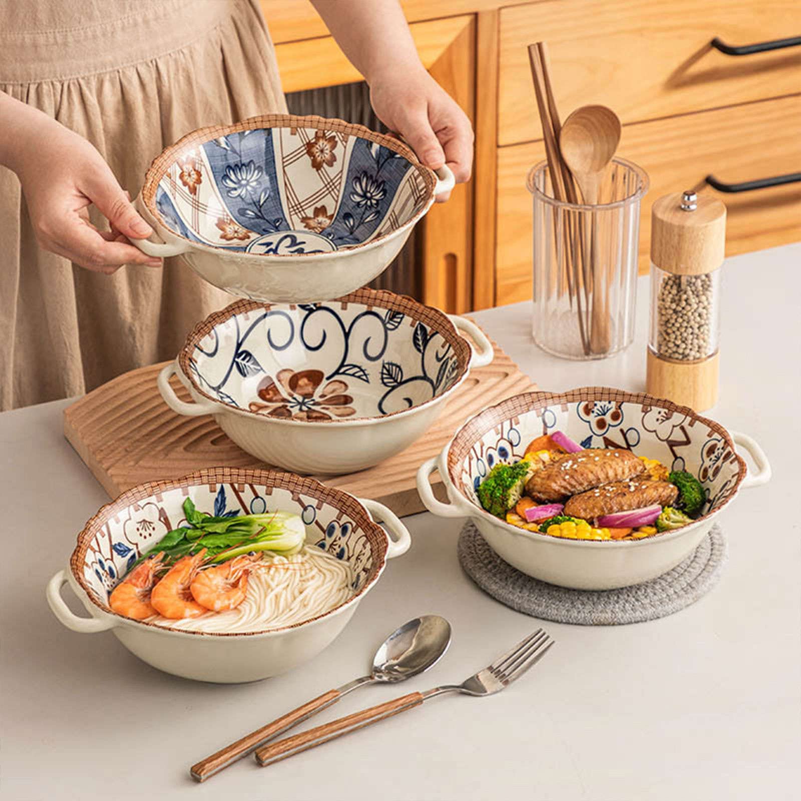 Ensaladera, Tazones De Sopa, Tazón De Cerámica Con Asa, Tazón De Ramen De Cerámica, Tazones Pho Grandes, Tazón De Sopa Apto Para Microondas, Tazón De Fideos Udon-Fu-23x20x7cm, 800ml (Color : Cherry