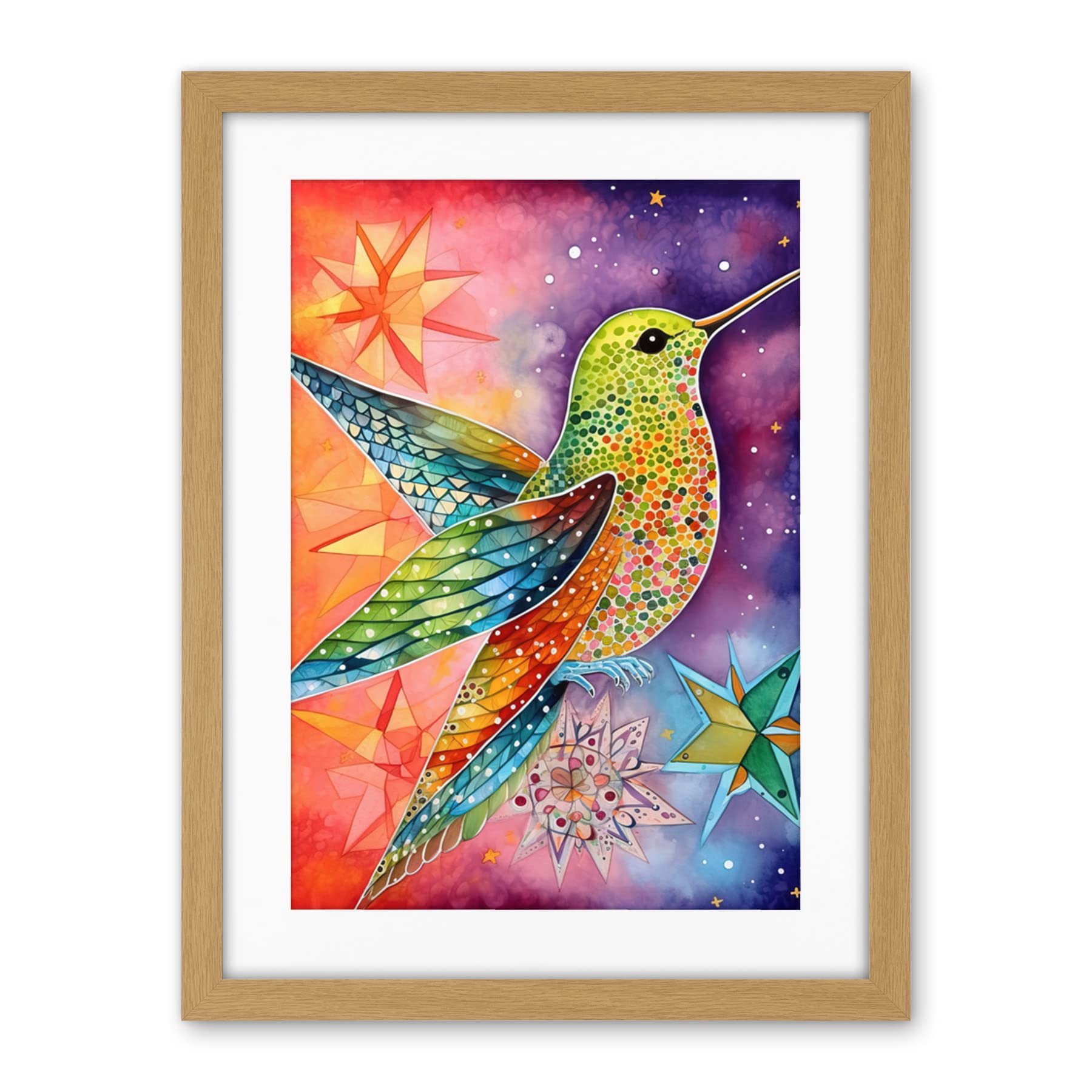 Artery8 Hummingbird In Vibrant Astral Field Folk Art Watercolour Painting Artwork Framed Wall Art Print 18X24 Inch