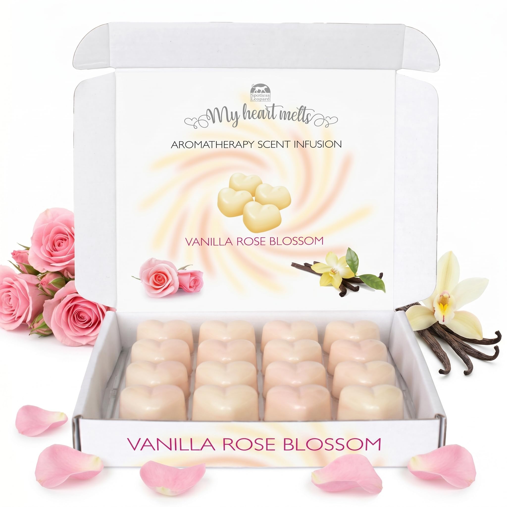 Vanilla Rose Blossom Wax Melts: 16 x 6g Heart Shaped Aromatherapy Scent Infusion in a White Gift Box, Pet Friendly, Cruelty Free, Candle Alternative by Spotless Leopard