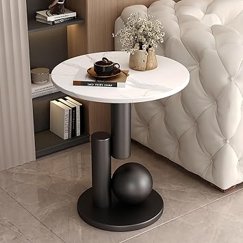 Round Side Table, Accent End Table, Sofa Side Table, Small Drink Table, Great for Living Room, Bedroom, Indoor & Outdoor Color White+Black, Size 45x55cm