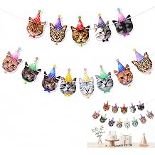 Solvind Cat Face Birthday Banner, Pre-Assembled Hanging Bunting Birthday Sign, Cat Theme Party Decorations for Indoor Outdoor Garden Room
