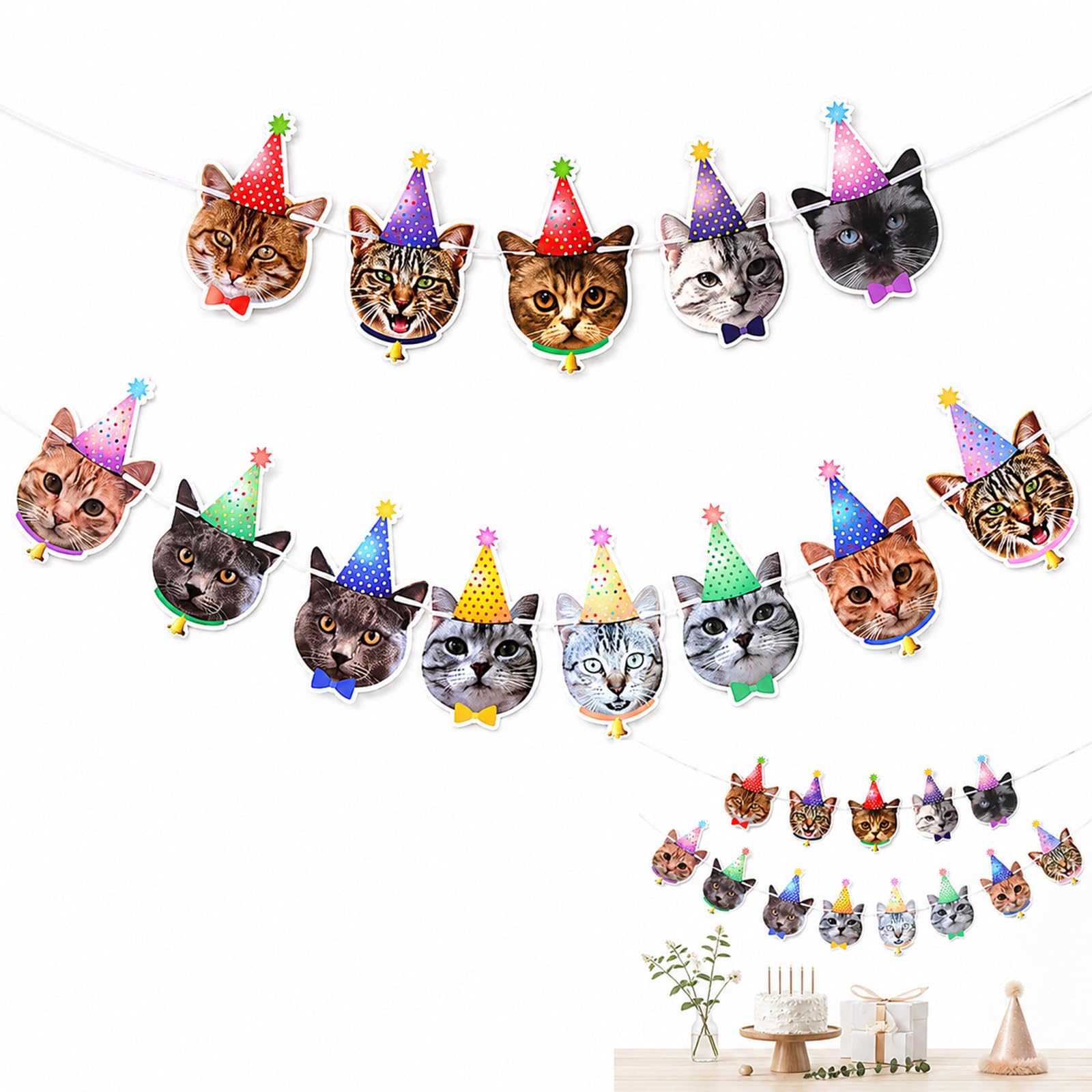 Solvind Cat Face Birthday Banner, Pre-Assembled Hanging Bunting Birthday Sign, Cat Theme Party Decorations for Indoor Outdoor Garden Room