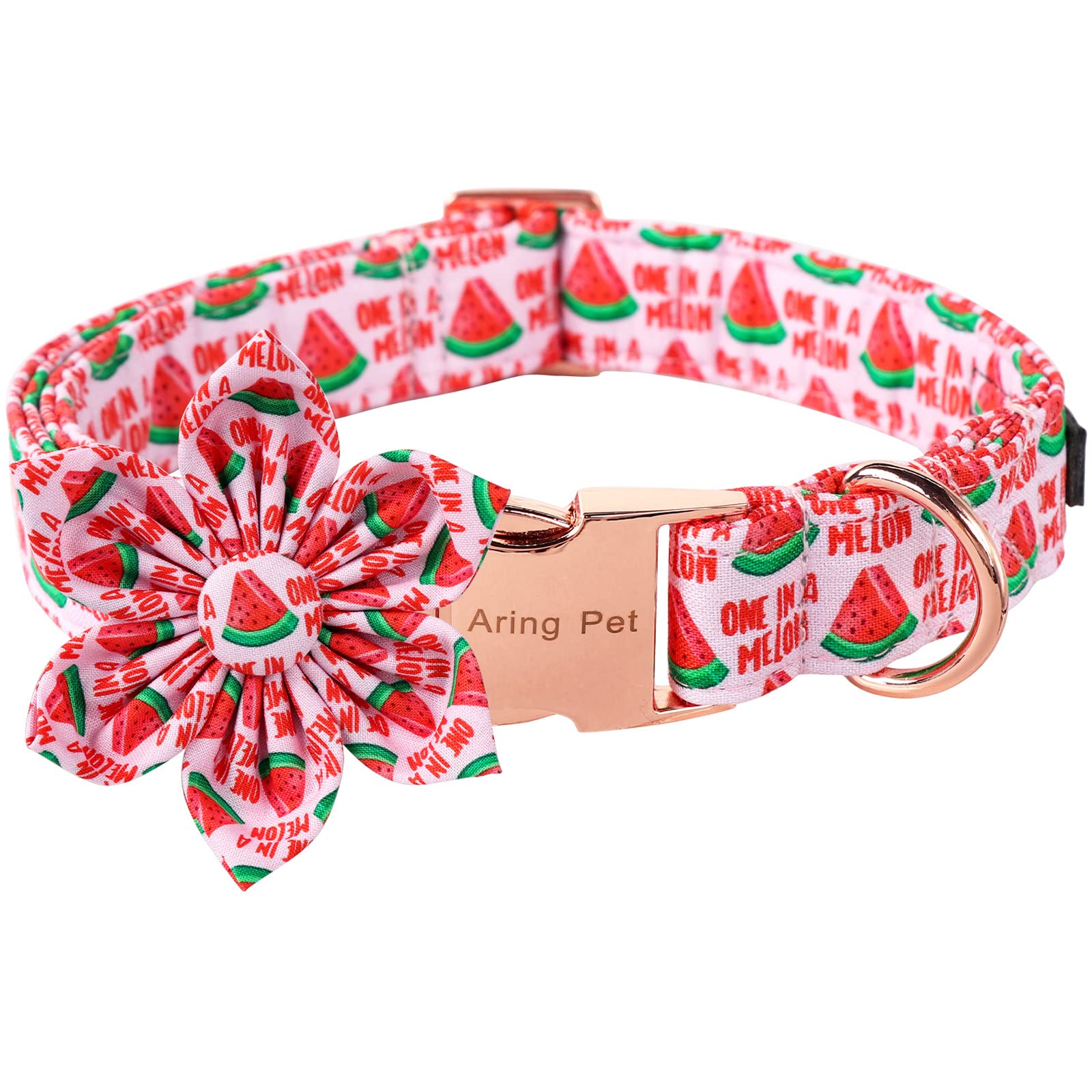 ARING PETSummer Dog Collar-Pink Watermelon Dog Collar with Flower, Adjustable Cotton Girl Dog Collars Gifts with Metal Buckle