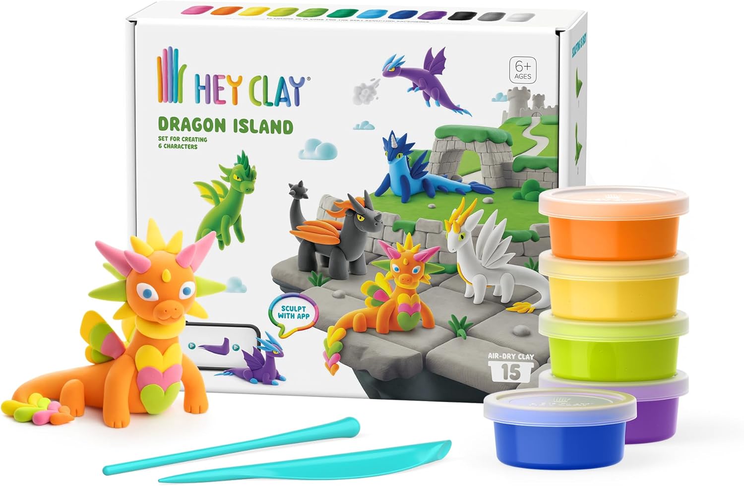 HEY CLAY 15 Cans Set - Colourful Modeling Air Dry Clay for Kids Crafts with Sculpting Tools and Fun Interactive Instructions App - Children Age 6-10 (Dragon Island)