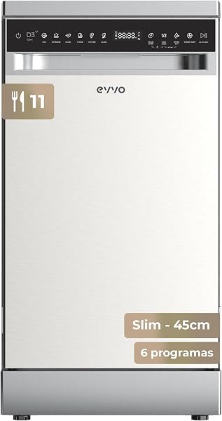 Lavavajillas D3Y Slim - 45 cm, 11 Servicios, Clase Energética D, Diseño Slim Compacto, 6 Programas, Media Carga, Inicio Diferido, Secado Extra, Funcionamiento Silencioso (Inox) - 1