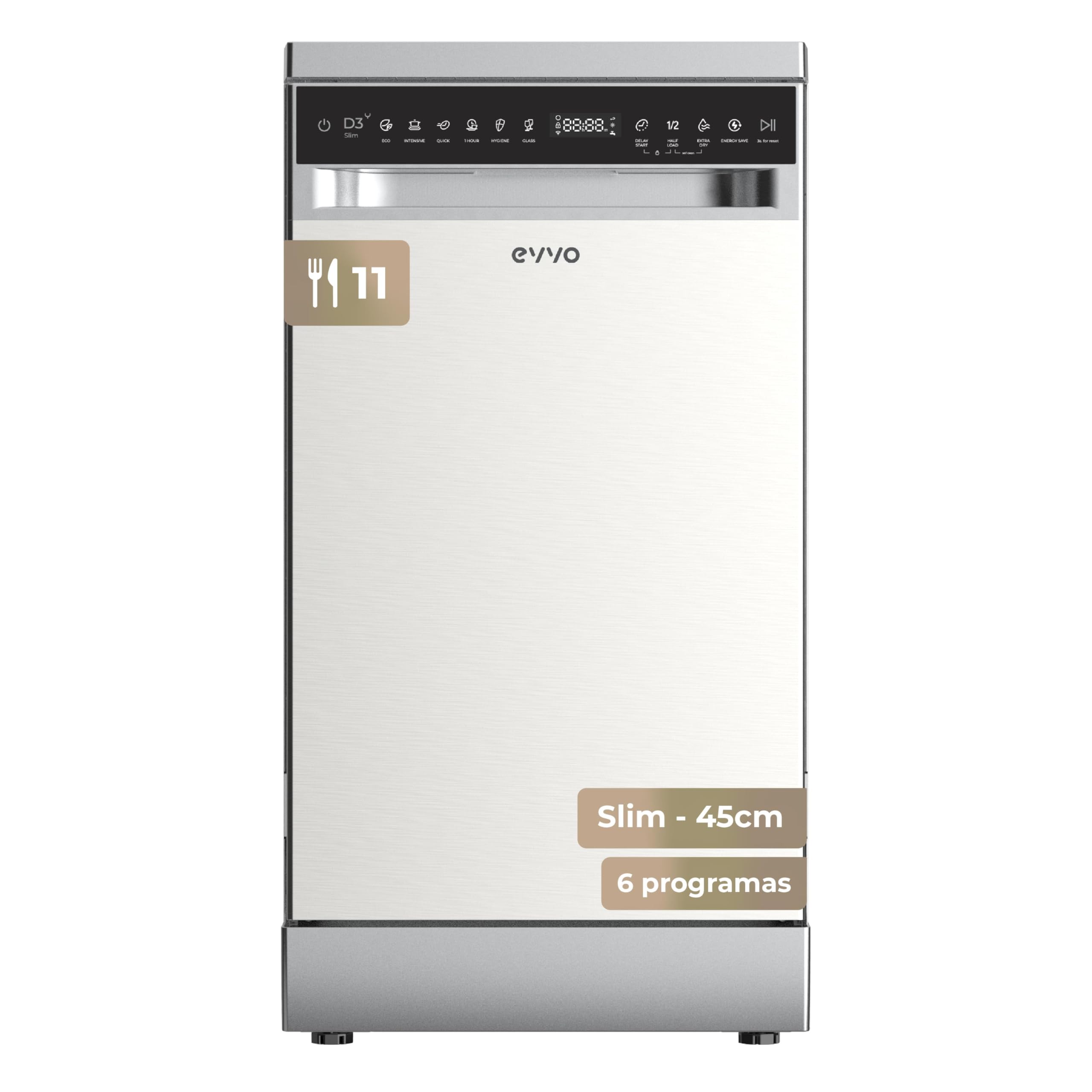 Lavavajillas D3Y Slim - 45 cm, 11 Servicios, Clase Energética D, Diseño Slim Compacto, 6 Programas, Media Carga, Inicio Diferido, Secado Extra, Funcionamiento Silencioso (Inox)