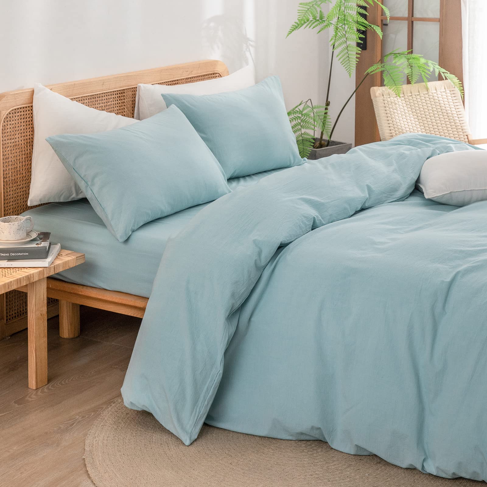 Condition photo showing New/Like New for bestouch duvet cover set 100% washed cotton linen feel super soft comfortable chic lightweight 3 pcs home bedding set solid hushed green full/double