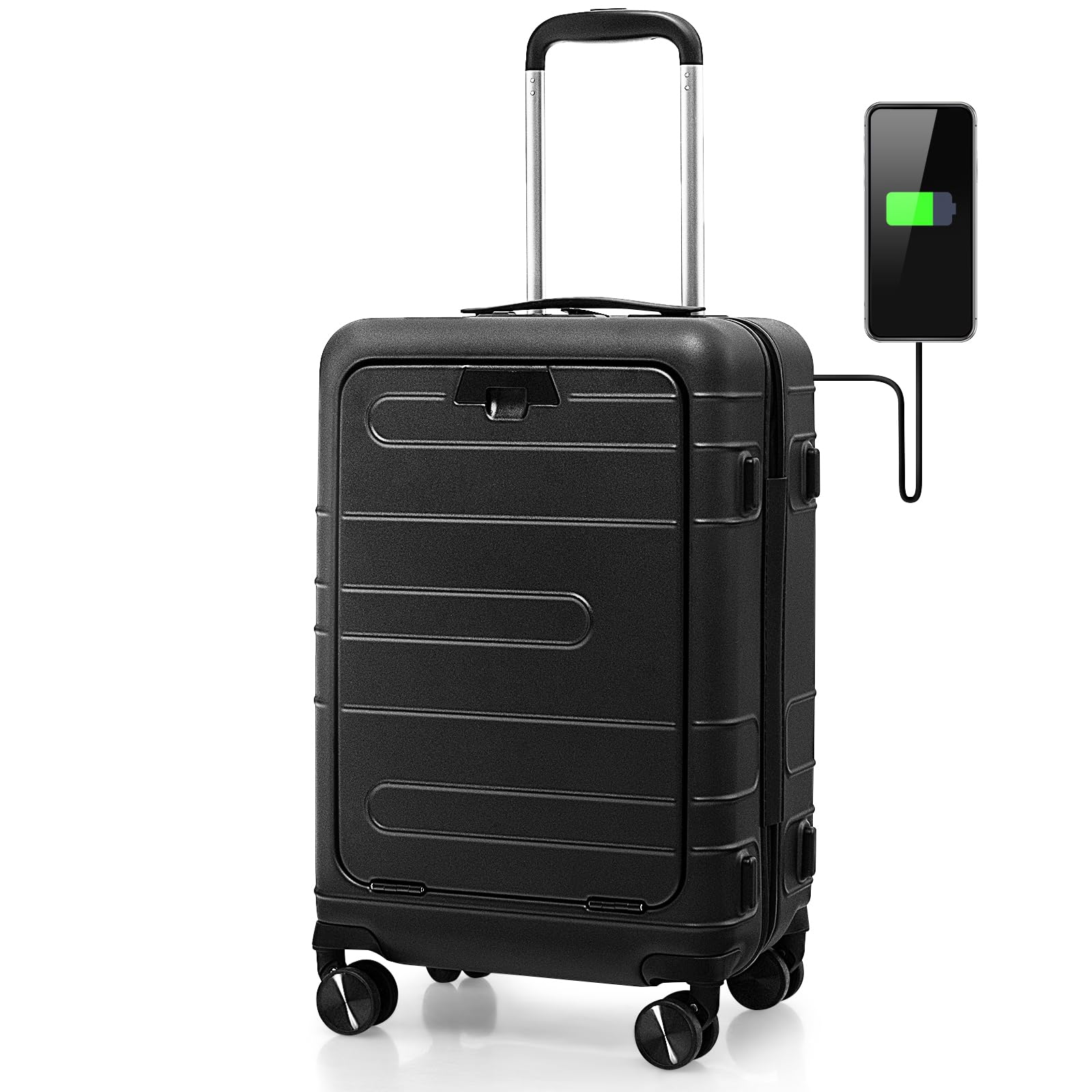 S AFSTAR20-Inch Luggage, Aluminum PC Hardshell Carry On Luggage W/TSA Lock, Front Pocket, 4-Level Handle, USB Charging Port, Folding Tabletop, Hardside Suitcase for Business Airplane Trips (Black)