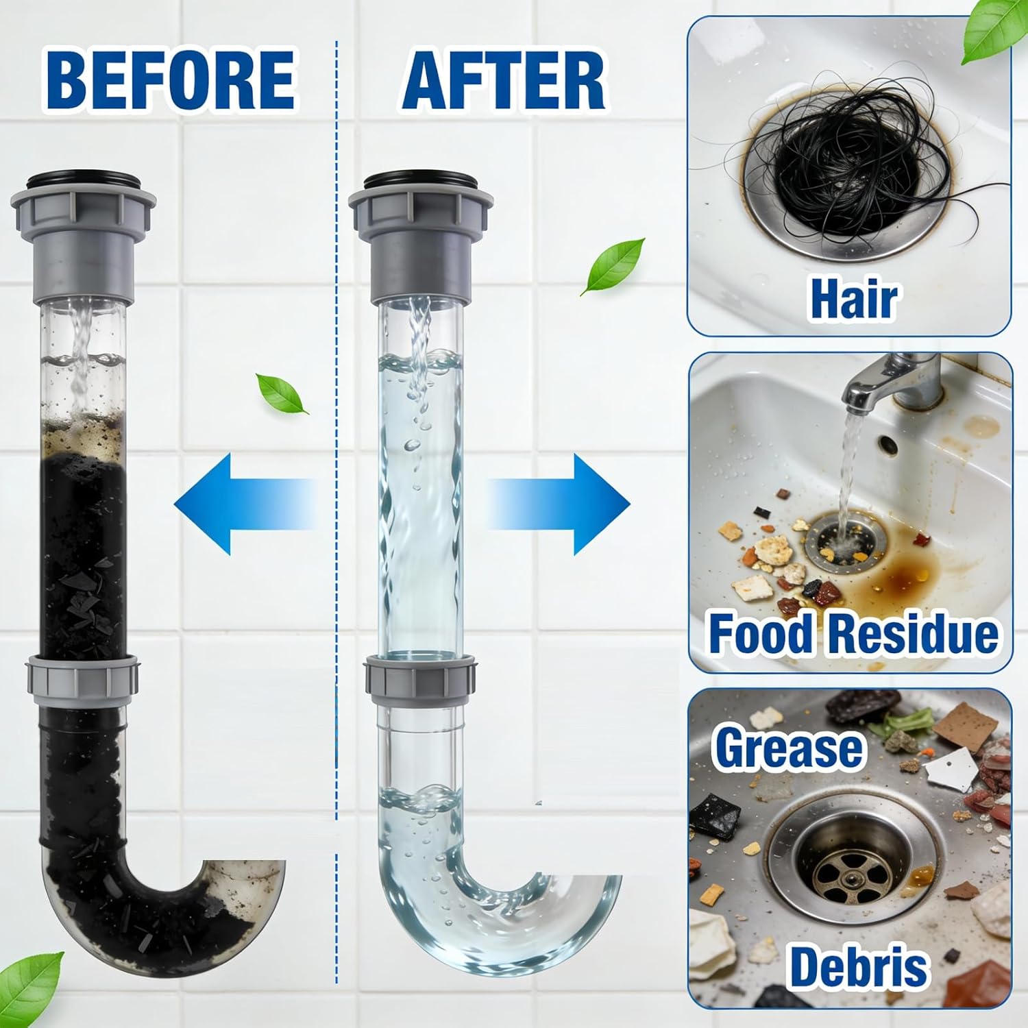 Sink and Drain Cleaner Powder: Unscented Fast Foaming Drain Clog Remover for Kitchen, Bathroom Pipes & Floor Drains | for Routine Home Plumbing Maintenance (4×110g) - Image 2