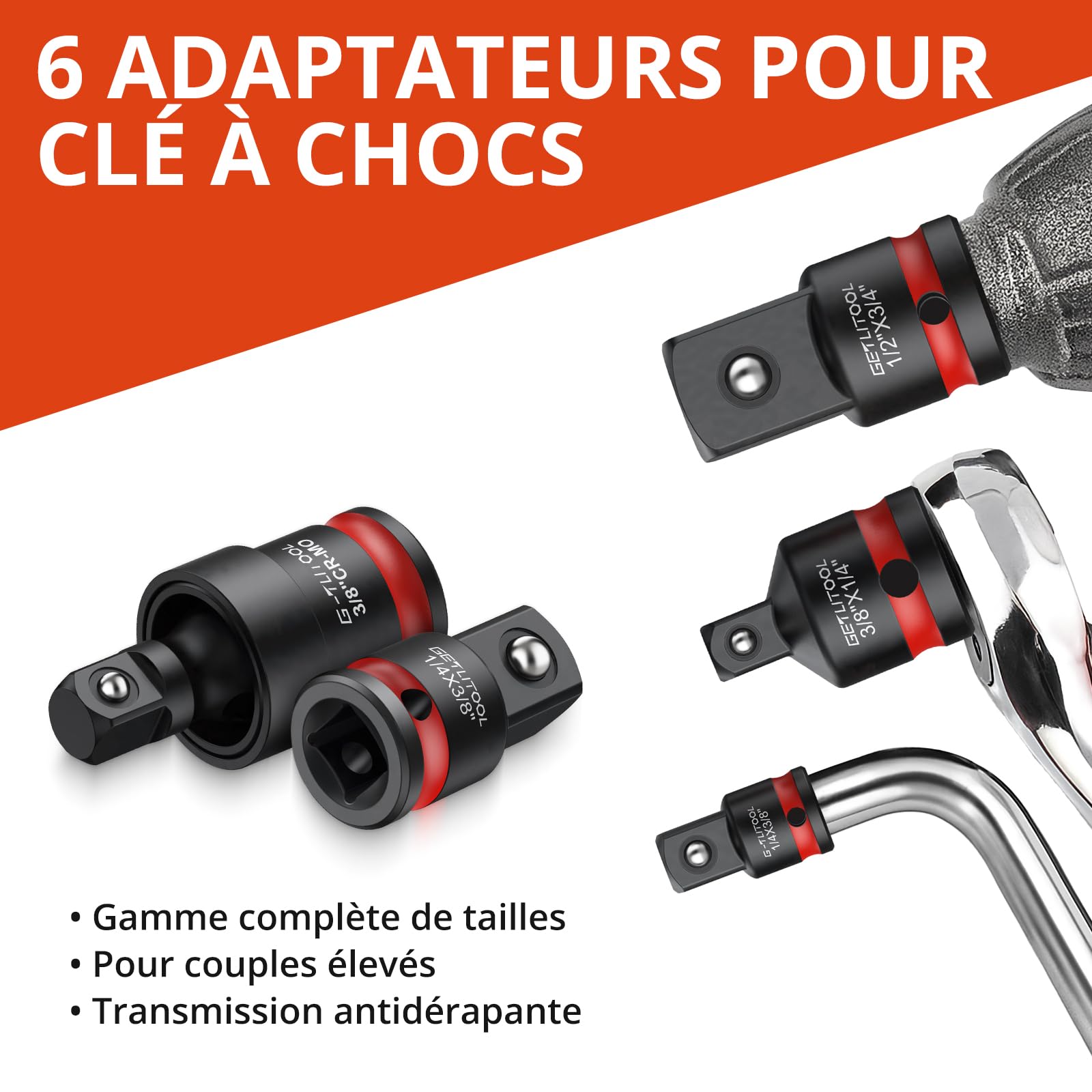 GETLITOOL Lot de 20 adaptateurs de douille, 11 adaptateurs de clé à douille, 6 adaptateurs de visseuse à percussion, 3 joints de cardan, adaptateur professionnel pour outils de percussion Cr-V & Cr-Mo
