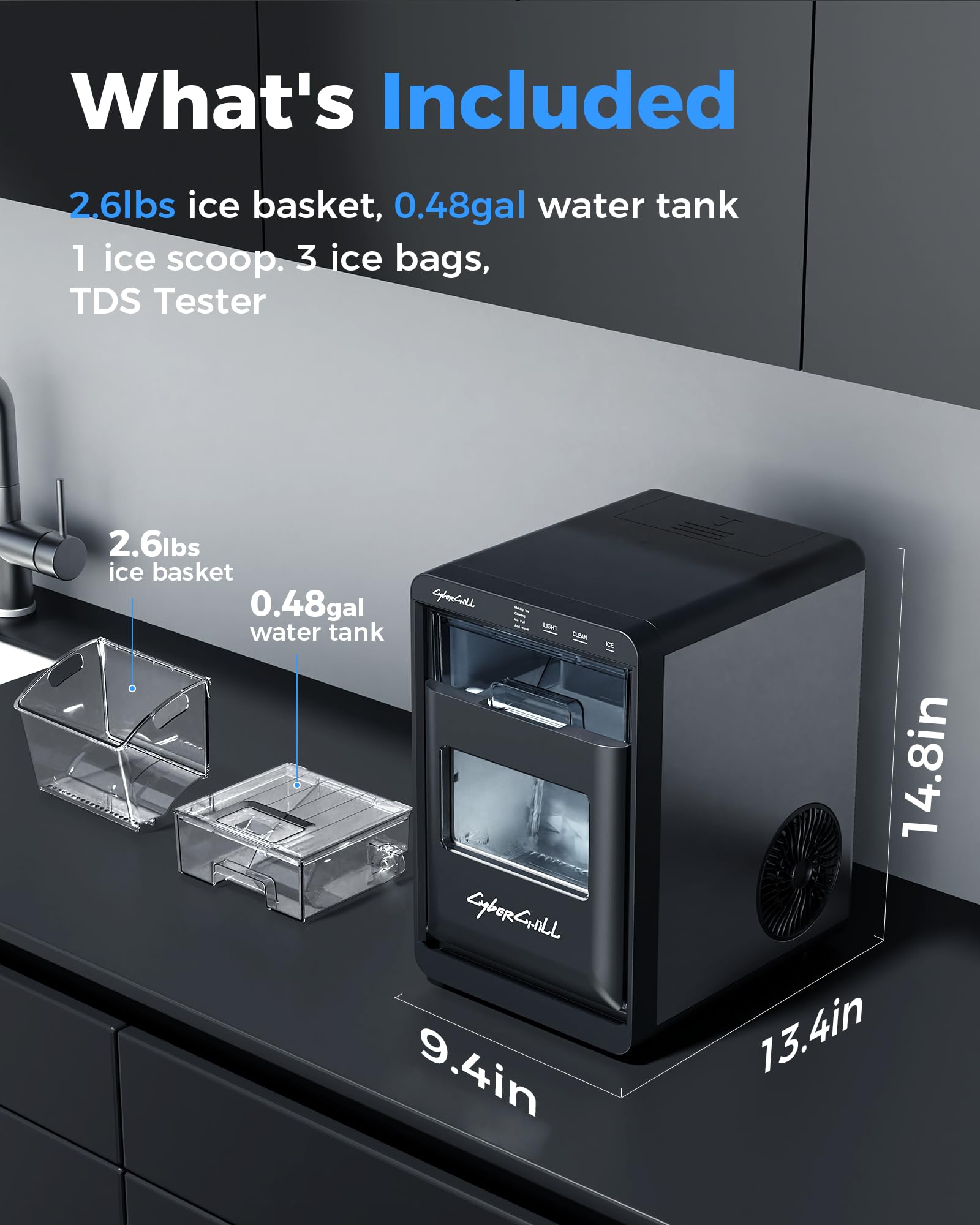 Cyberchill Nugget Ice Maker Countertop 44lbs Per Day Pebble Sonic Ice Makers Machine Chewable Pellet Ice With Self-Cleaning Removable Water Tank See Through Window For Home/Kitchen/Office on Fridge.com - View 5