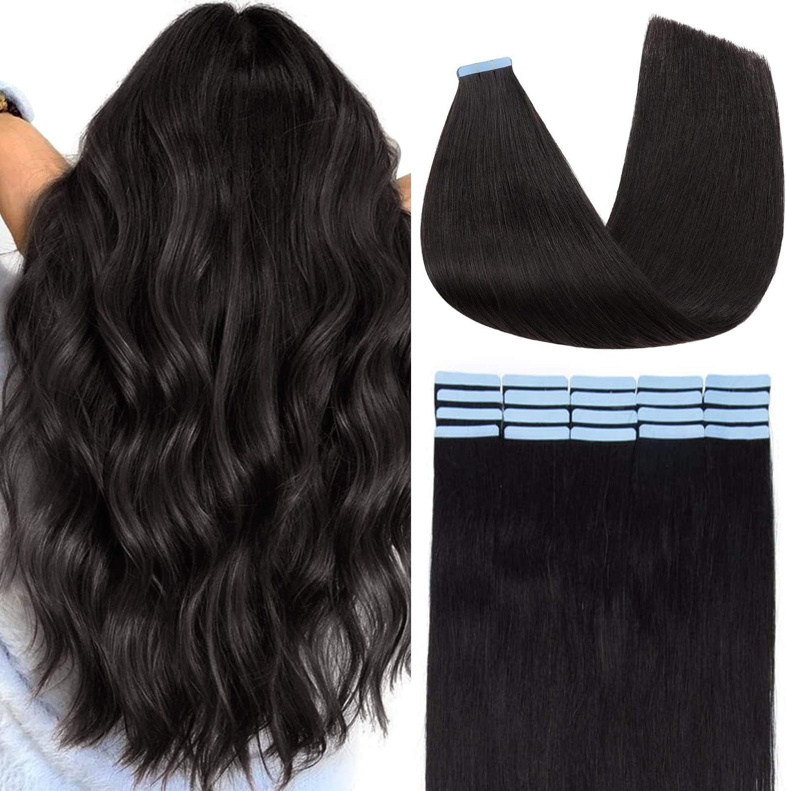 Tape in Human Hair extensions, Natural Black Tess Seamless Silky Straight Hair Extensions, Invisible Tape-In Extensions for Women 20 Pieces 20g/ Pack, 16 Inches