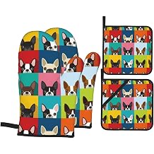 Boston Terrier Dog Oven Mitts and Pot Holders Set of 4, Oven Mittens and Potholders Heat Resistant Gloves for Kitchen Cooking Baking Grilling BBQ