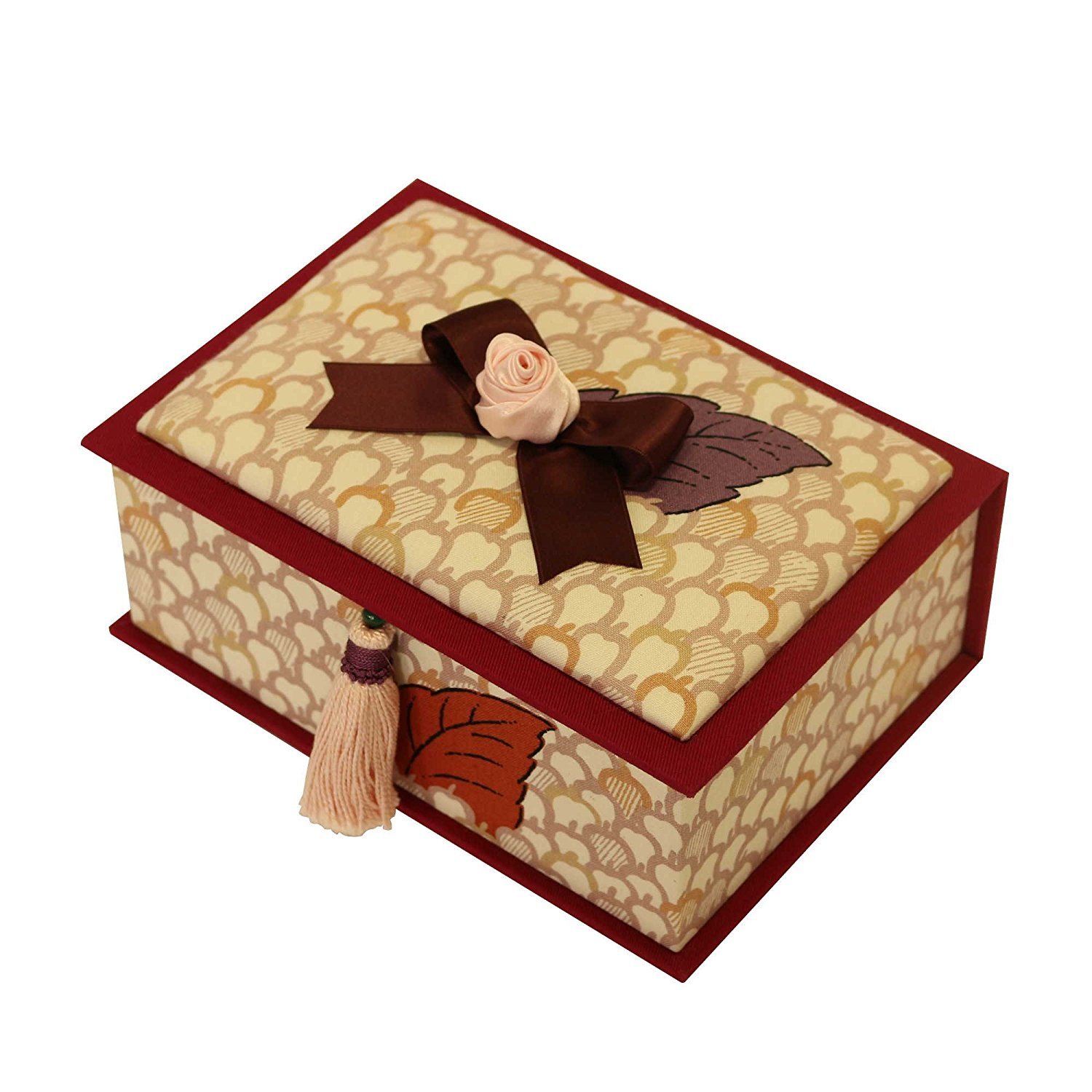 Jewelry Trinket Box, Handmade Decorative Box with Ribbon and Pink Tassel, Leaf Accent, Cartonnage Decor Box Pink Rose and Autumn Leaf, Japan Import