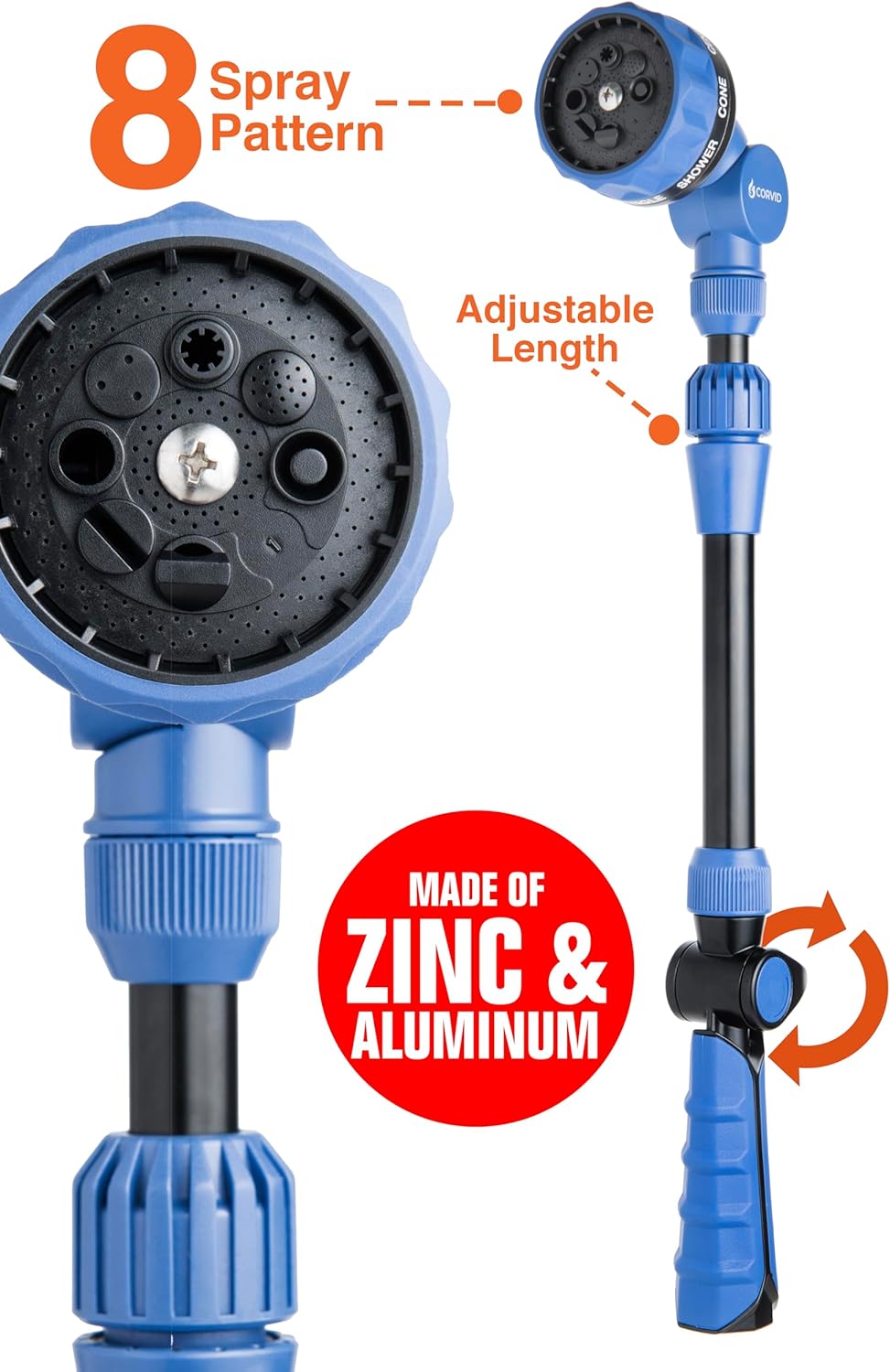 2-Pack with Corvid Adjustable Thumb Control Garden Watering Wand, 19-24 Inch Telescoping Hose Nozzle 8 Spray Patterns, Heavy-Duty Zinc & Aluminum for Precise Watering and Cleaning