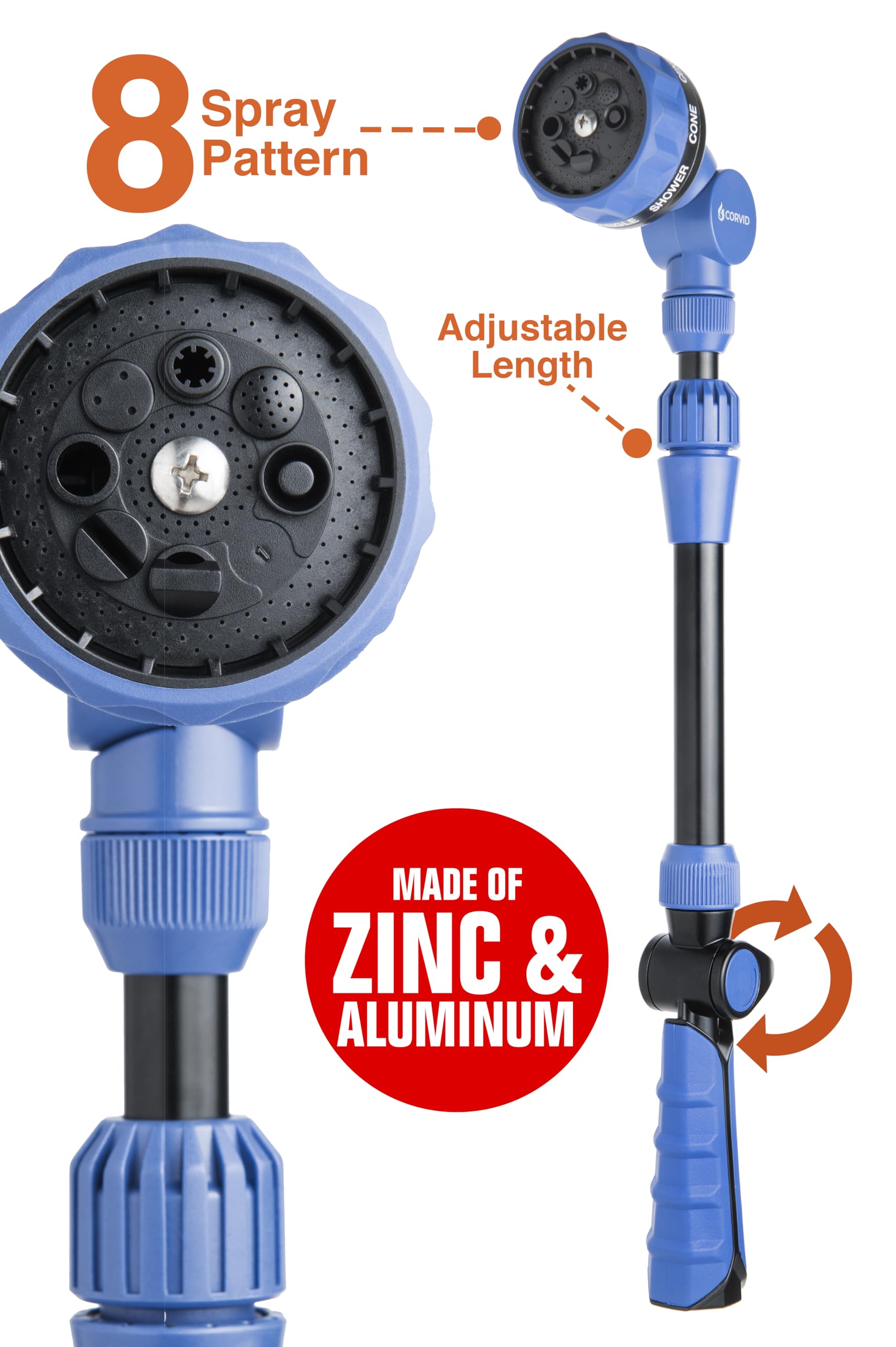 Con una varita de riego de jardín ajustable con control de pulgar, boquilla de manguera telescópica de 19 Corvid 24 pulgadas, 8 patrones de pulverización, zinc y aluminio resistentes para un riego y