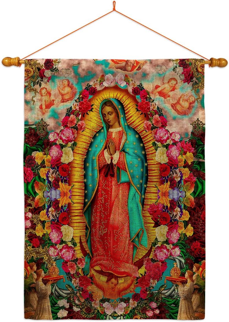 Our Lady of Guadalupe House Flag Dowel Set Religious Faith Hope Grace Peace Dove Christian Religion Easter Small Decorative Gift Yard Banner Made in USA 28 X 40