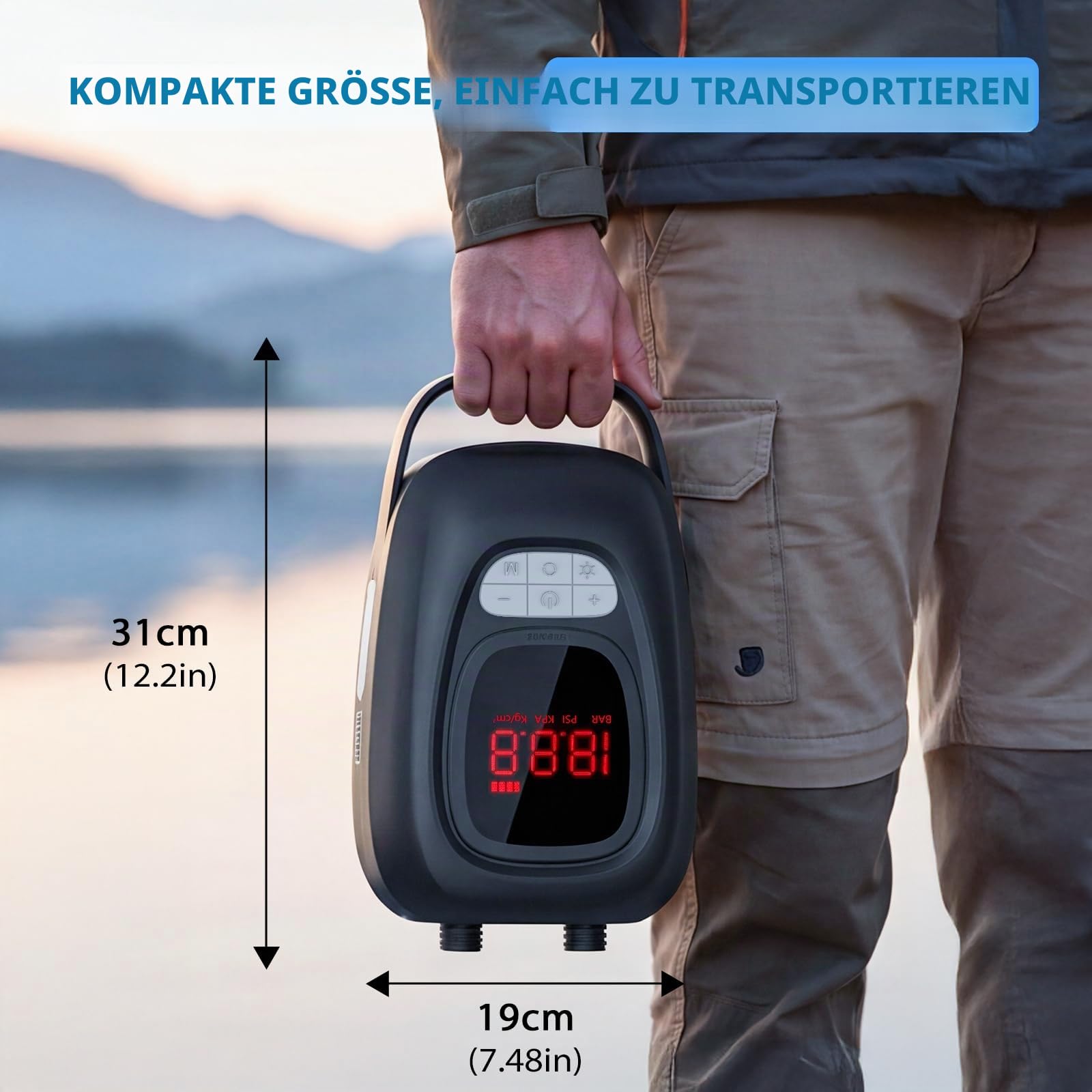 Elektrische SUP Pumpe 20 PSI – 2-Stufen Dual-Modus 550/390 L/min mit 6×2500mAh Akku, LED-SOS & Auto-Stopp – Tragbare Luftpumpe für Stand Up Paddle Board, Kajak, Schlauchboot, Camping