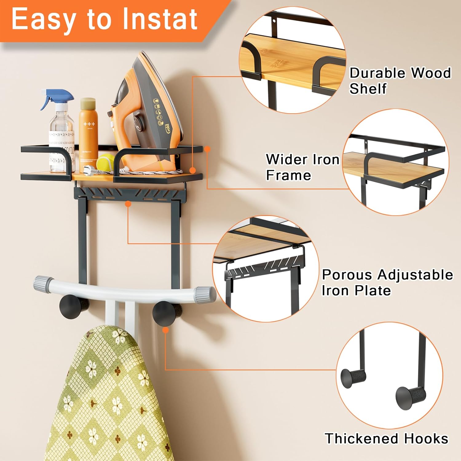 REFGY Ironing Board Hanger Wall Mount with Natural Wood-Texture Shelf, Adjustable Iron Board Holder for T & Y Leg Boards, Heavy Duty Laundry Room Organization and Storage Rack, Black