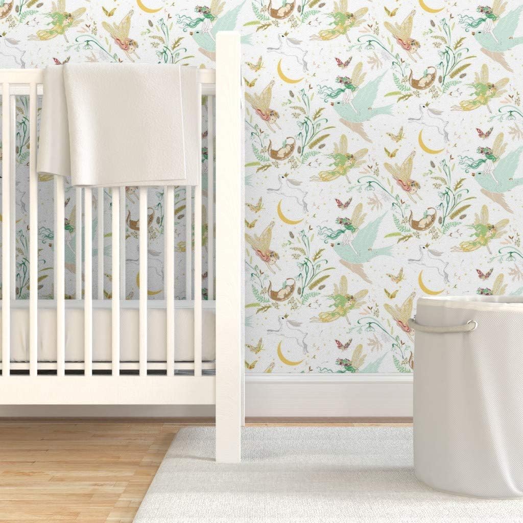 Removable Wallpaper 12ft x 2ft - Fairies White Fairy Girl Rabbit Bird Forest Custom Pre-Pasted Wallpaper by Spoonflower