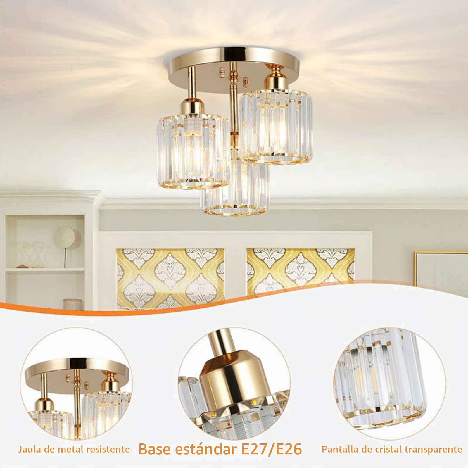 ‌Lámpara de Araña de Cristal Moderna E26 - Techo Colgante con 3 Luces LED, Pantalla Elegante - Ideal para Sala, Dormitorio, Cocina, Pasillo o Baño