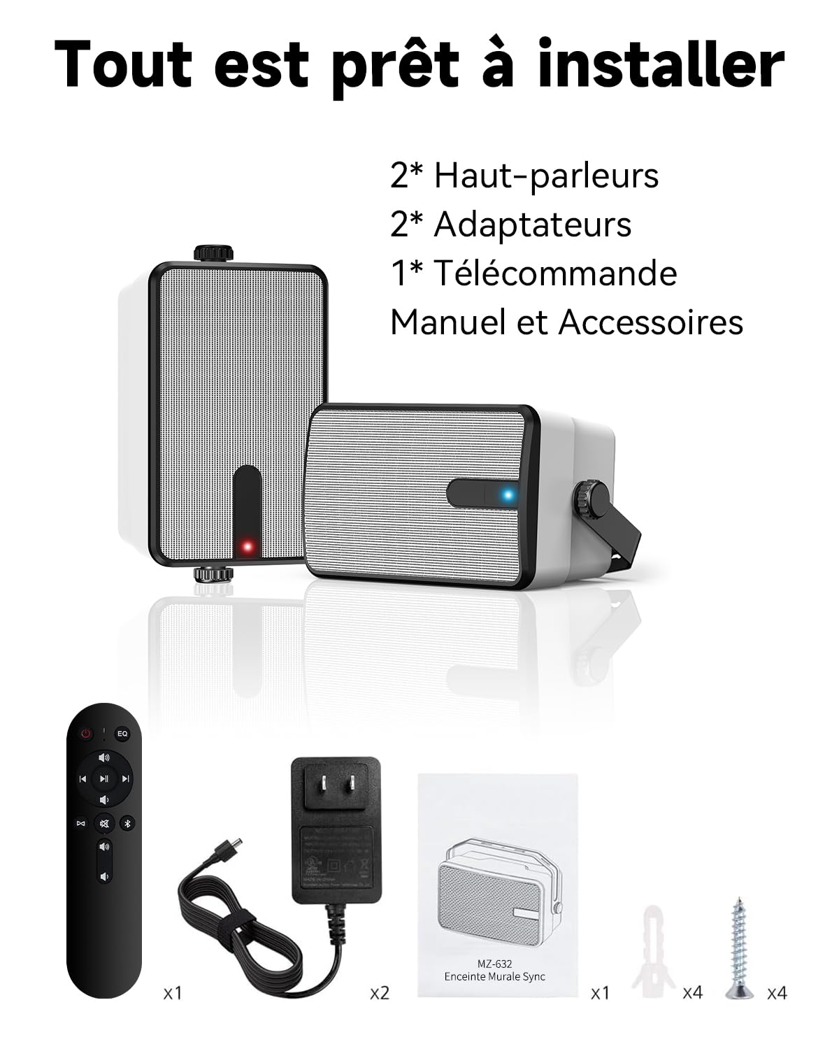 250W Haut-parleurs Bluetooth Extérieurs, Synchronisation sans Fil Entre Haut-parleurs, Montage Murale pour Terrasse, Véranda, Gazebo, Garage, Pack de 2 (MZ-632)