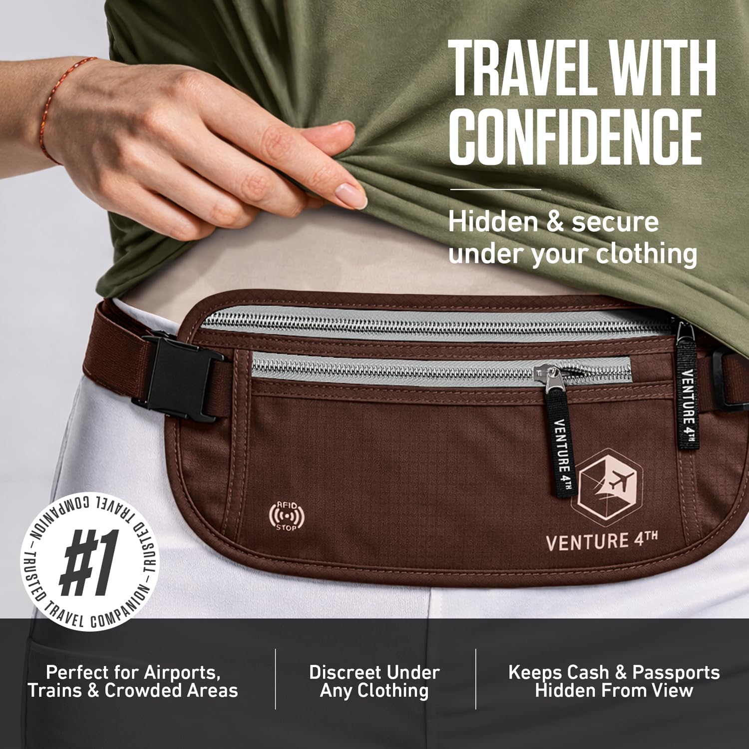 VENTURE 4TH Money Belt for Travel – Slim Hidden Under-Clothes RFID Blocking Anti-Theft Passport Holder & Travel Wallet Pouch for Men & Women to Protect Cash, Cards & Documents (Brown) thumbnail