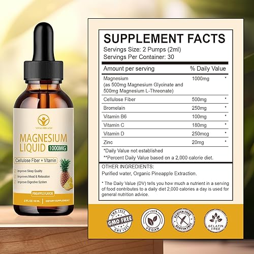 Miniatura 3 de Suplemento complejo de magnesio 7 en 1, líquido de glicinato de magnesio con fibra de celulosa, bromelina y vitamina B, C, D, zinc para un estado de