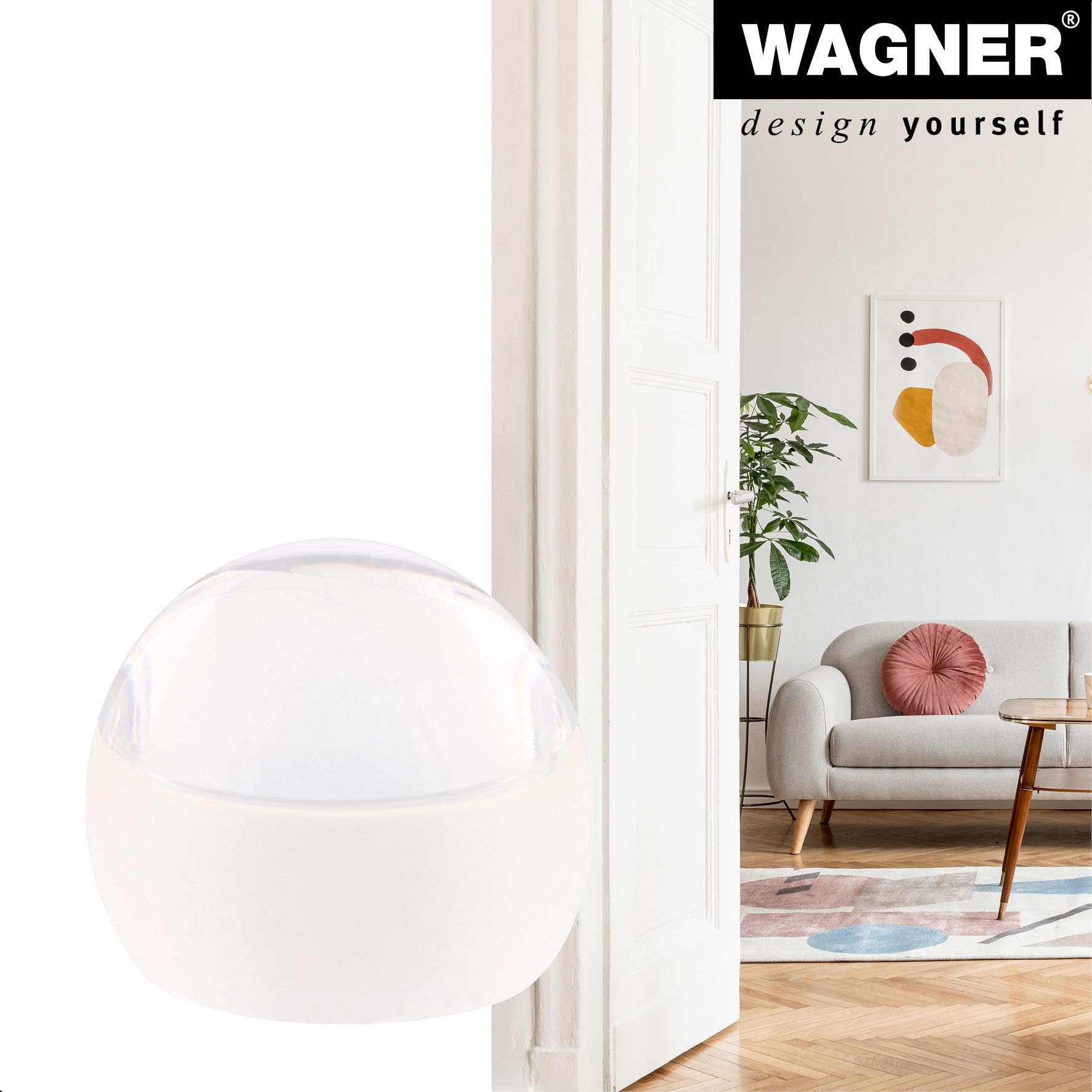 Wagner podłogowy stoper do drzwi CLEAR – Ø 45 x 40 mm, wysokiej jakości tworzywo sztuczne, przezroczysty, samoprzylepny, nie pozostawia śladów po usunięciu – 15522011