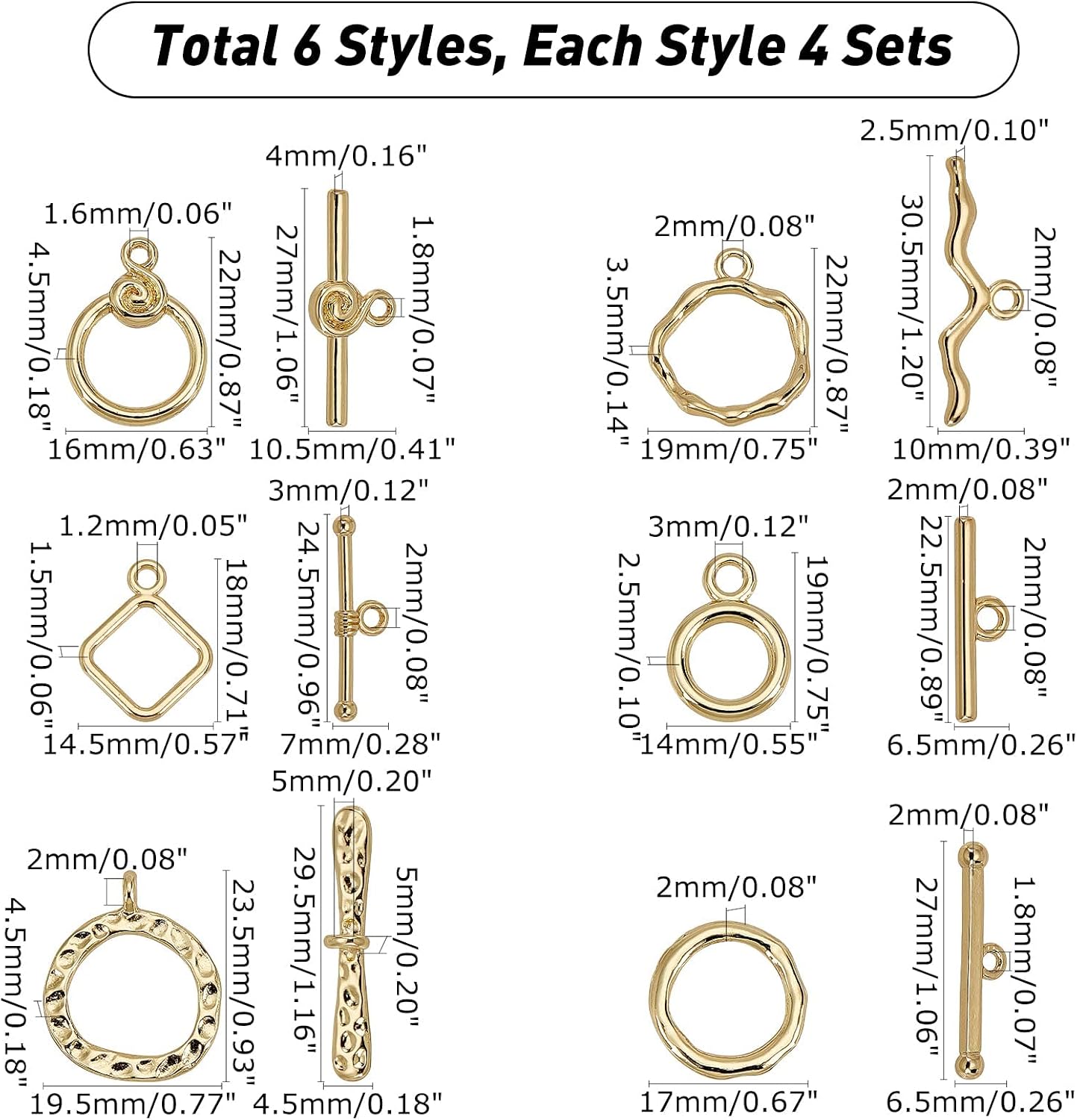 PH PandaHall 18K Gold Toggle Clasps, 24 Sets Hook Ring Toggle Oval Ring Jewelry Clasps Rhombus T-bar Closure Clasps OT End Clasps Connectors Bar and Ring Clasps for Jewelry Bracelet Necklace Making