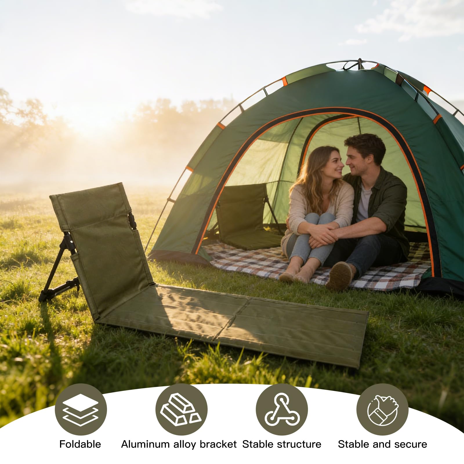 Sitzunterlage Outdoor mit Rückenlehne, Strandmatte Klappbar Leicht, Bodenstuhl Outdoor & Stadion Sitzkissen, Faltbare Liegematte für Strand, Camping, Picknick, Garten (Grün-108×40,5×41cm)