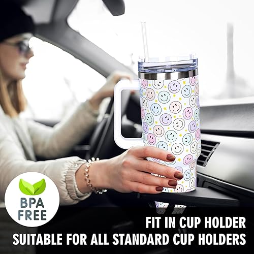 Miniatura 6 de Whaline Vaso de 40 onzas con asa y popote y tapa, diseño de cara sonriente, taza de café de viaje para mujeres, amigas, vacaciones, regalo de