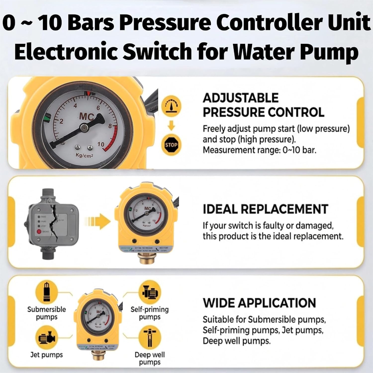 Regulador de Presión Para Bomba de Agua, Presostato Electrónico Ajustable, 220V Interruptor de control de presión a 10 bares para bomba sumergible de chorro profundo con cebado automático