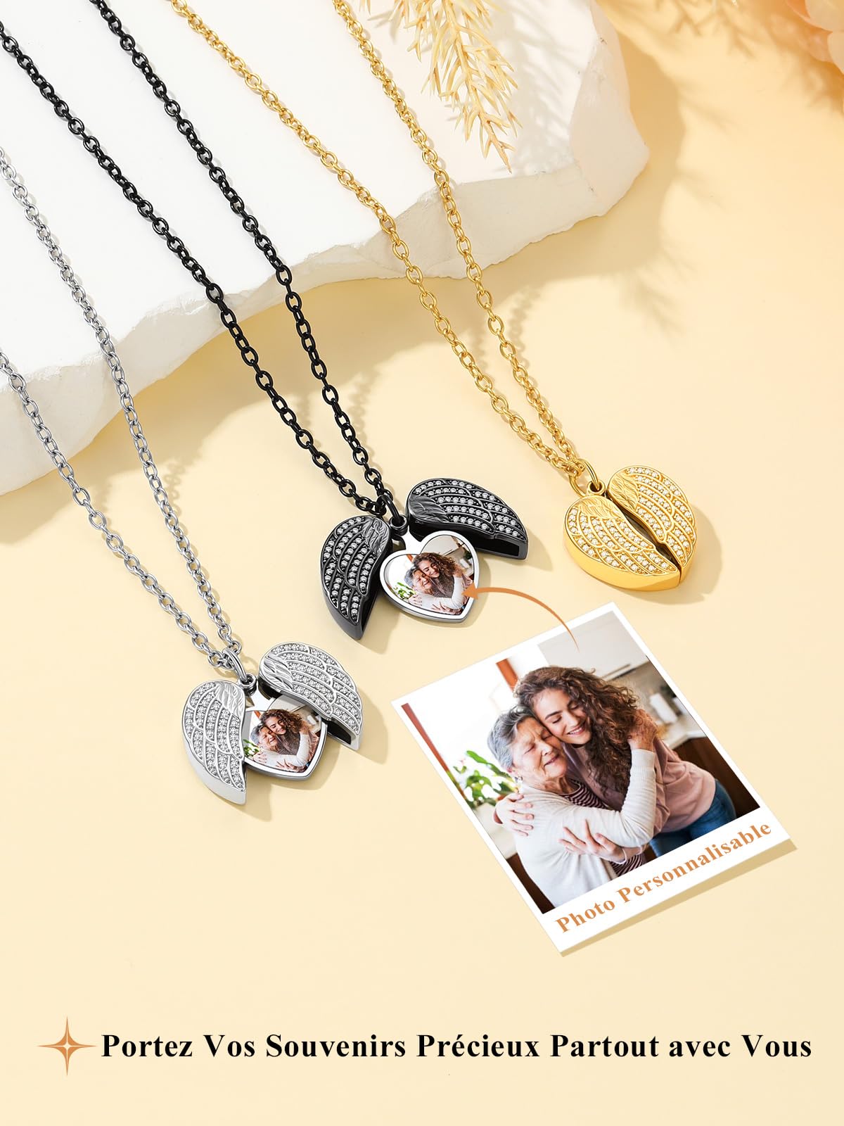 Custom4U Collier Personnalisé Photo Acier Inoxydable,Médaillon Aile d'ange Pendentif Porte Photo Gravé avec Chaîne 50+5 cm(Boîte Cadeau)