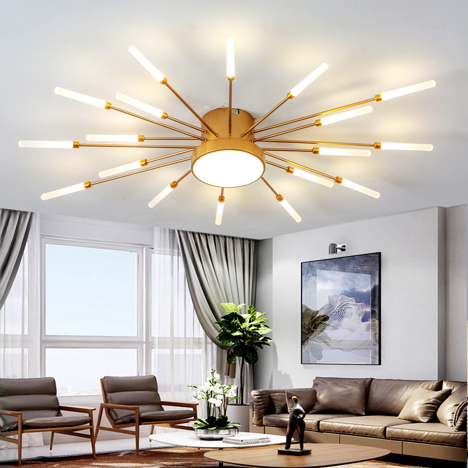 RRBEST LED Deckenleuchte Wohnzimmer,Wohnzimmerlampe Moderne Minimalistische Deckenlampe Innen Dekorative Deckenbeleuchtung für Wohnzimmer, Schlafzimmer und Büro(18+1 Köpfe, Gold)
