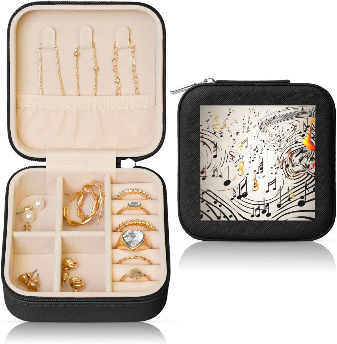 Music Notes Print Jewelry Box Travel Jewelry Case Leather Small Jewelry Organizer For Womens Rings Necklaces Gifts Black