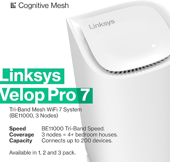 Linksys Velop Pro 7 WiFi Mesh System | ثلاثة أجهزة توجيه ثلاثية النطاق معرفية | 10 جيجابت في الثانية سرعات | 9000 قدم مربع. التغطية | الاتصال 200 + الأجهزة | 3 حزمة MBE7003 | 2023 الإصدار