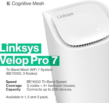 Linksys Velop Pro 7 WiFi Mesh System | ثلاثة أجهزة توجيه ثلاثية النطاق معرفية | 10 جيجابت في الثانية سرعات | 9000 قدم مربع. التغطية | الاتصال 200 + الأجهزة | 3 حزمة MBE7003 | 2023 الإصدار