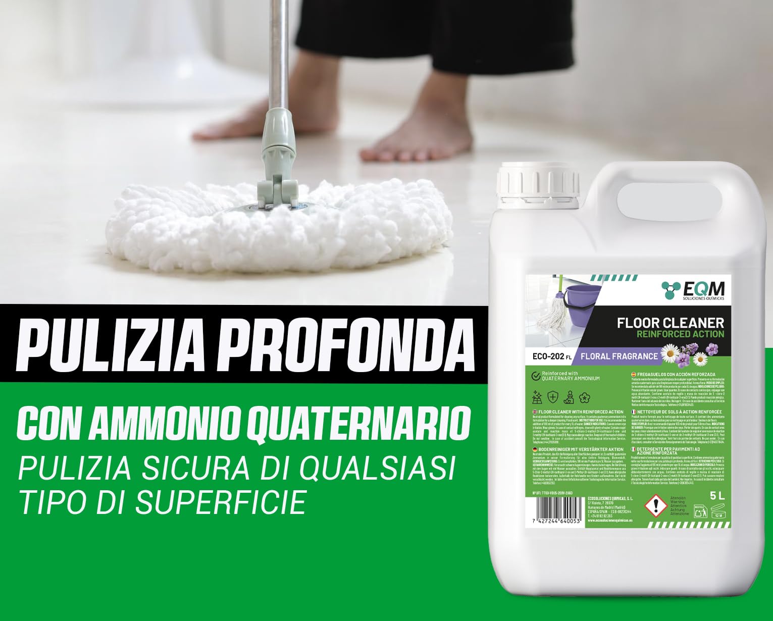 EQM - ECO-202 - Detergente per Superfici Multiple - Azione Rinforzata per una Pulizia Superiore - 5L - Alta Capacità Sgrassante e Deodorante - Aroma Floreale